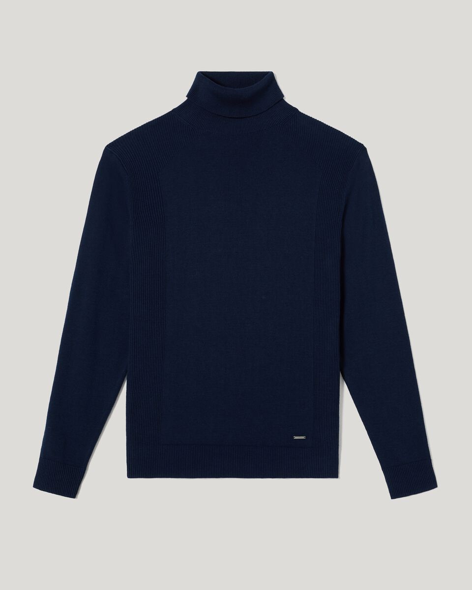 Navy Roll Neck Knit With Rib Detail